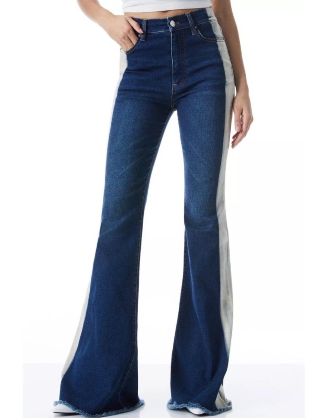Alice + Olivia Beautiful High Rise Bell Flare Blue Jeans In Indigo Stripe 28
